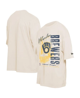 New Era Men's Cream Milwaukee Brewers Cooperstown Collection Oversized Throwback Distressed T-Shirt