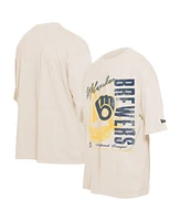 New Era Men's Cream Milwaukee Brewers Cooperstown Collection Oversized Throwback Distressed T-Shirt