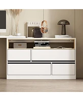 Famapy 47.2 in. L-Shaped White Wood Computer Desk Writing Desk Table Office Workstation W/Moveable Tabletop, Shelves, Drawers