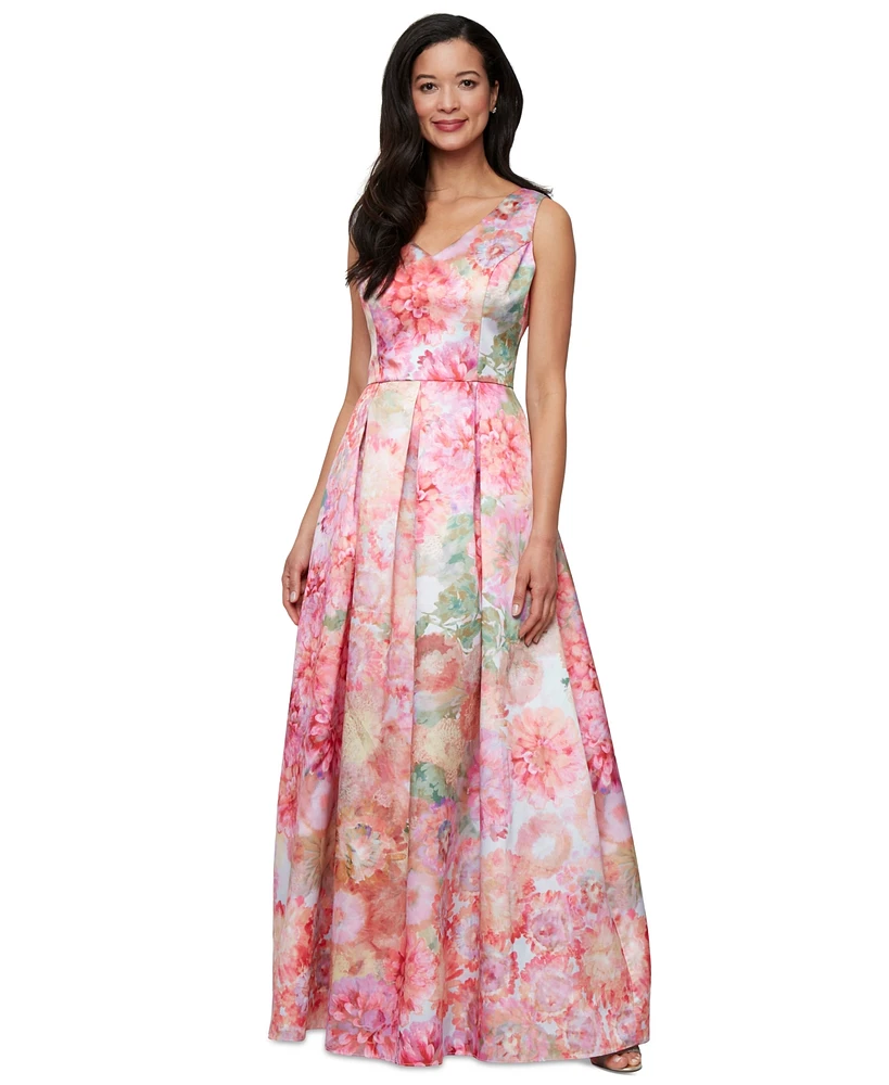 Alex Evenings Petite V-Neck Printed Mikado A-Line Dress