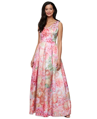 Alex Evenings Petite V-Neck Printed Mikado A-Line Dress