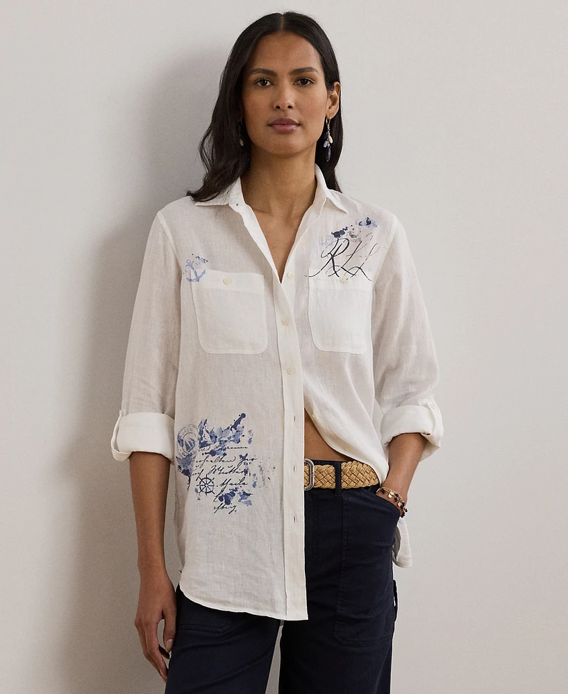 Lauren Ralph Petite Relaxed-Fit Print Roll-Tab Sleeve Shirt