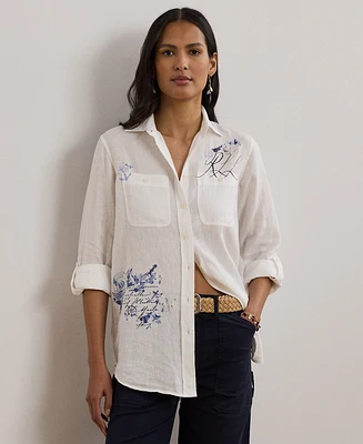Lauren Ralph Petite Relaxed-Fit Print Roll-Tab Sleeve Shirt