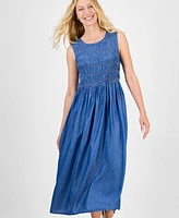 Style & Co Women's Smocked Chambray Midi Dress, Exclusively at Macy's