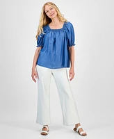 Style & Co Women's Chambray Square-Neck Smocked Top, Exclusively at Macy's