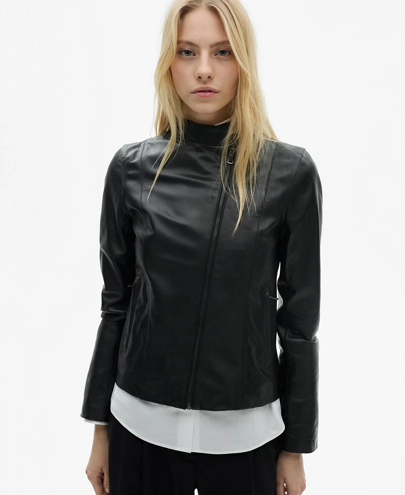 Mango Women's Fitted Zipper Leather Jacket