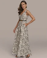 Donna Karan New York Women's Belted V-Neck Jacquard Ball Gown