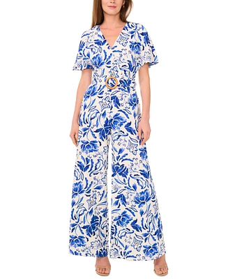 Msk Women's Printed Flutter Sleeve Wide-Leg Jumpsuit