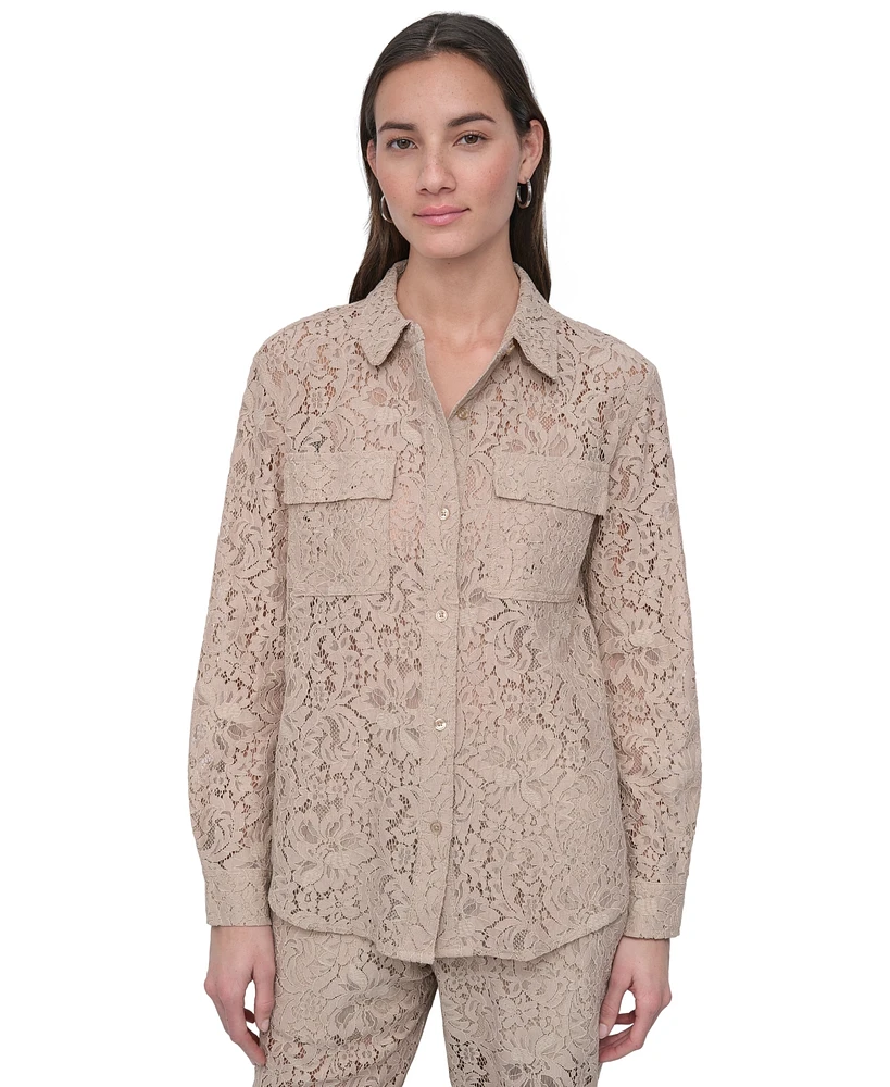 Dkny Jeans Women's Long Sleeve Button Front Lace Shirt - PBL