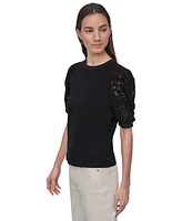 Dkny Jeans Women's Mixed Media Lace-Sleeve Top - BLK