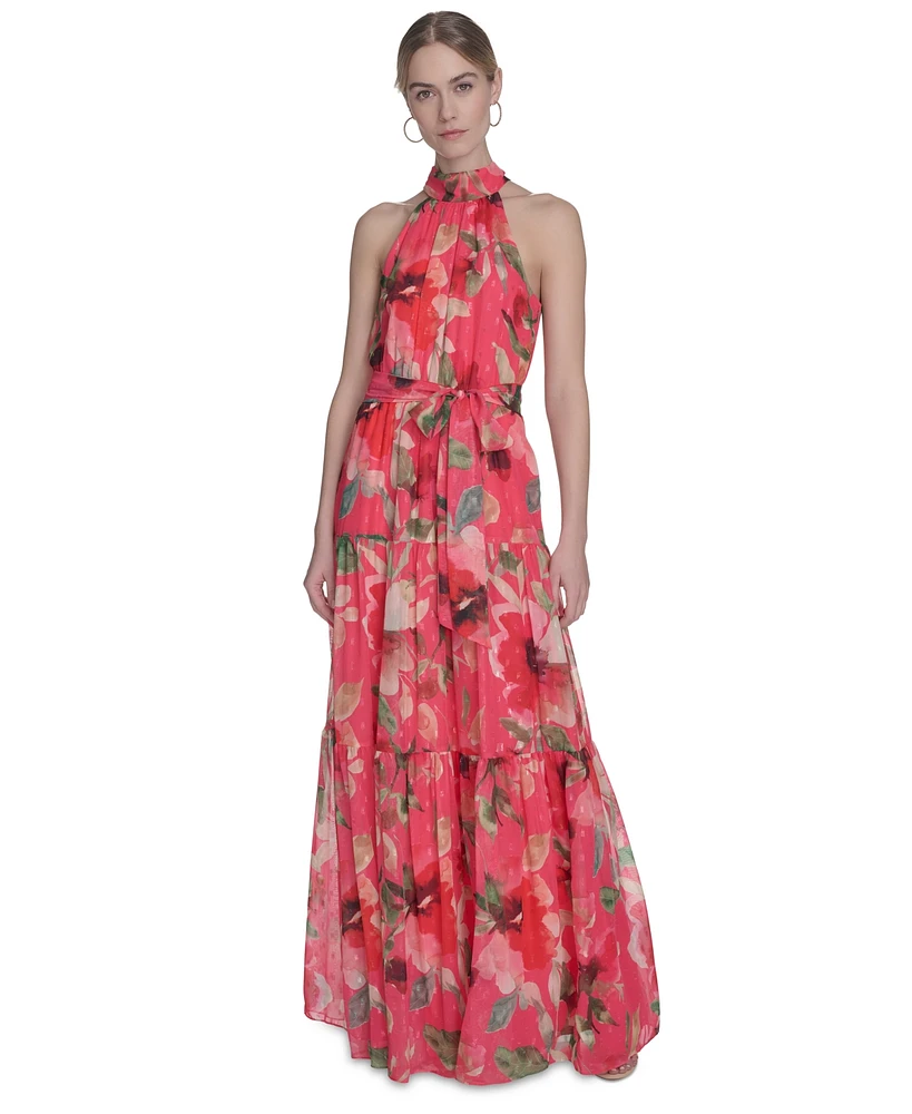 Eliza J Petite High-Neck Sleeveless Tie-Waist Dress