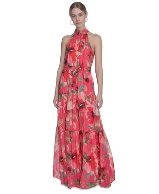 Eliza J Petite High-Neck Sleeveless Tie-Waist Dress