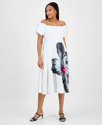 Robbie Bee Women's Puff Sleeve Fit & Flare Midi Dress