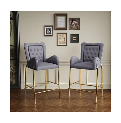 Set of 2 Velvet Bar Stools, Tufted Armchairs with Gold Metal Legs for Home & Kitchen Island-The Pop