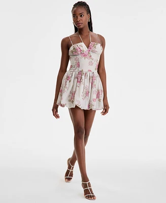 Seni & Cade Juniors' Rose-Print Bubble-Hem Mini Dress