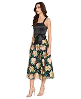 Tahari Asl Women's Satin Tie-Waist Floral-Embroidered Dress