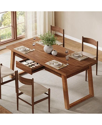 Tribesigns 55-Inch Dining Table with Storage Drawer for Dining Room, Rectangular Mid-Century Modern Dinner Kitchen Table with Solid Wood Legs for 4-6
