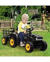 Tobbi 12 Volts Battery Powered Tractor Trailer Ride On Car for Kids Ages 3 to 6 Years with Led Lights, Usb Bluetooth Audio, Music, and Horn, Black