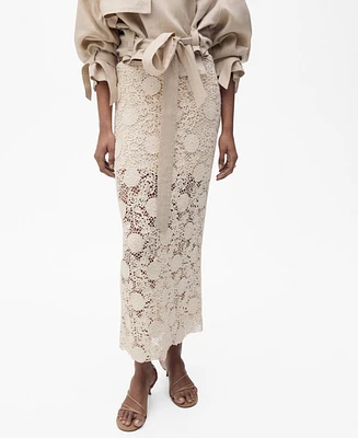 Mango Women's Crochet Floral Midi Skirt