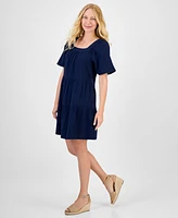 Style & Co Petite Square-Neck Short-Sleeve Tiered Dress, Exclusively at Macy's