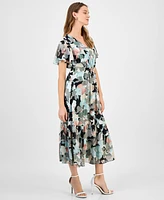 Kasper Women's Printed Swiss Dot Flutter-Sleeve Midi Dress