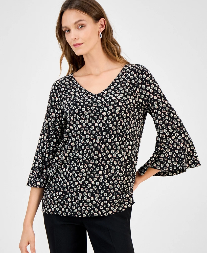 Kasper Women's Printed V-Neck Flare-Sleeve Top