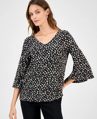 Kasper Women's Printed V-Neck Flare-Sleeve Top