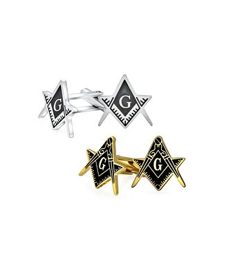 Bling Jewelry Set of 2 Freemasons Compass Symbol Shirt Cufflink Black Enamel Gold Plated