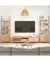 71 Inch 6-Tier Wall Mounted Ladder Bookshelf with Rattan Cabinet-Natural