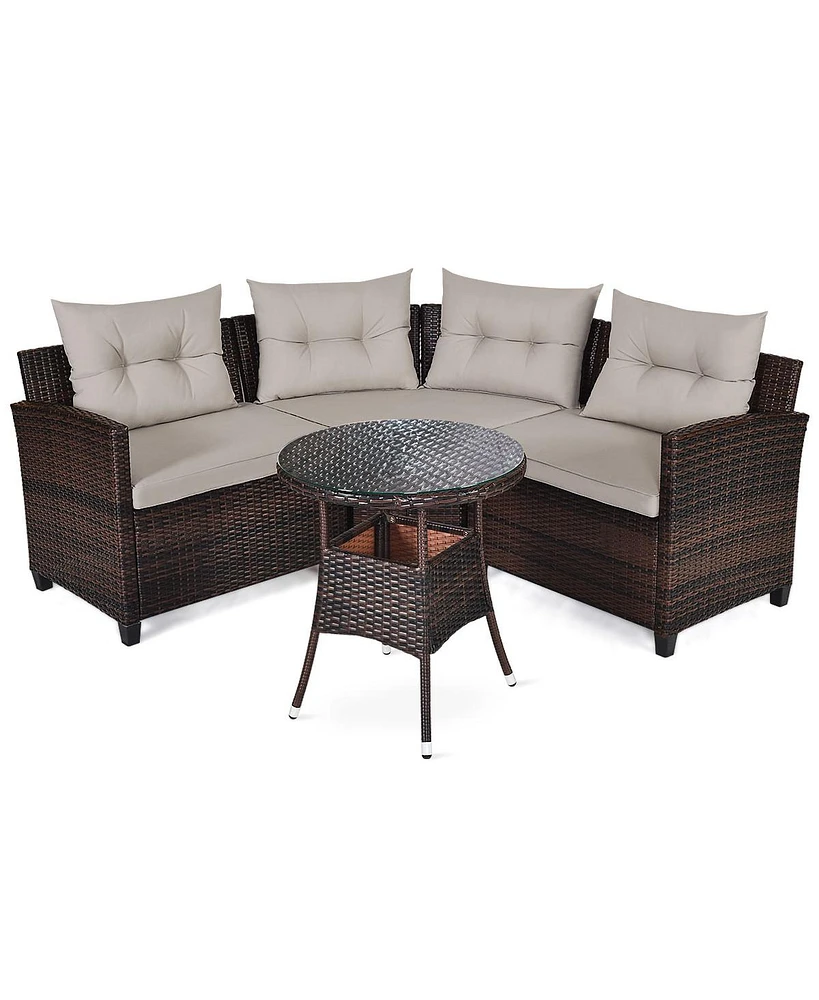 4PCS Outdoor Patio Rattan Furniture Set Cushioned Sofa Table