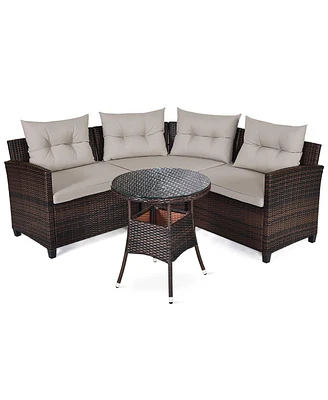 4PCS Outdoor Patio Rattan Furniture Set Cushioned Sofa Table