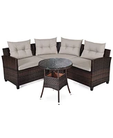 4PCS Outdoor Patio Rattan Furniture Set Cushioned Sofa Table
