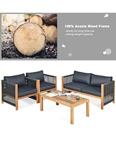 4 Pcs Acacia Wood Patio Conversation Set w/Cushions for Garden