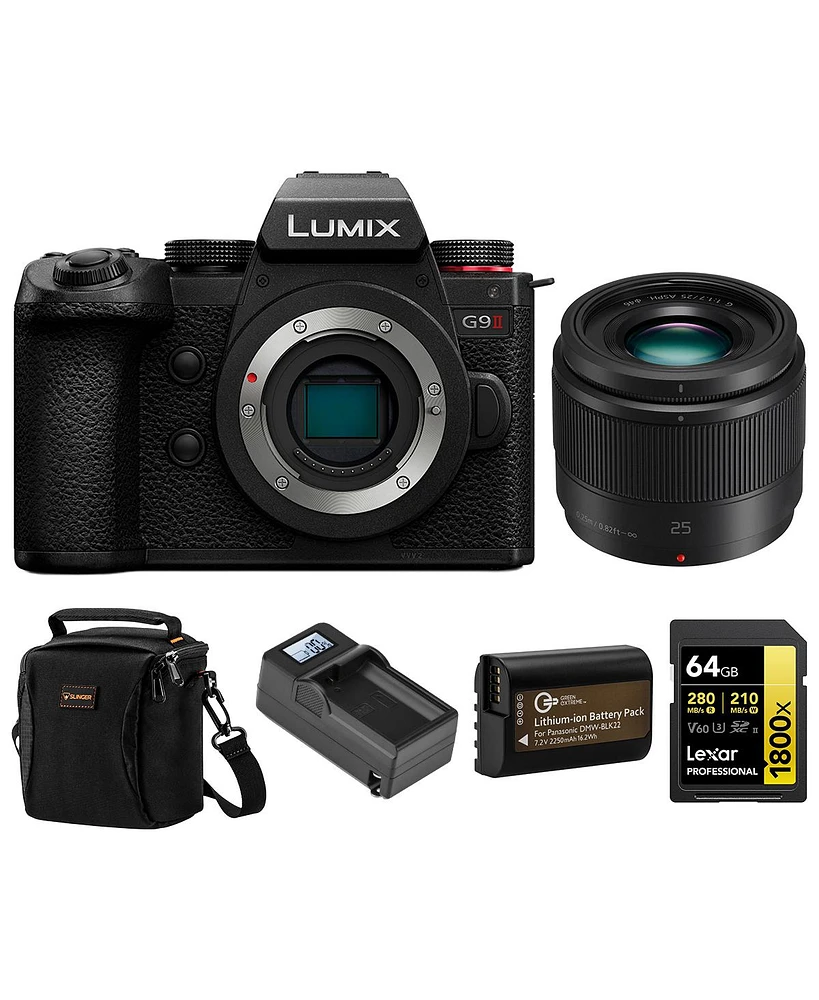 Panasonic Lumix G9II Mirrorless Camera with Lumix G 25mm f/1.7 Aspherical Lens, Bundle with 64GB Sdxc Memory Card, Shoulder Bag, Dmw-BLK22 Battery and