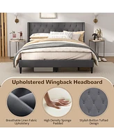 Queen Size Upholstered Platform Bed with Button Tufted Wingback Headboard-Gray