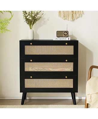 Modern 3-Drawer Rattan Dresser – Space-Saving Wooden Storage Chest for Bedroom, Living Room & Dorms