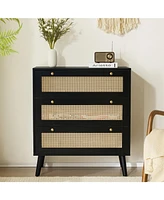 Modern 3-Drawer Rattan Dresser – Space-Saving Wooden Storage Chest for Bedroom, Living Room & Dorms