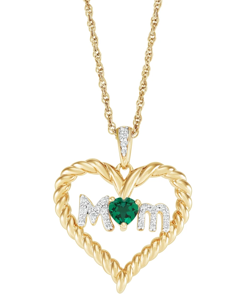 Lab-Created Emerald (1/5 ct. t.w.) & Diamond Accent Mom Heart Pendant Necklace in 14k Gold-Plated Sterling Silver, 16" + 2" extender