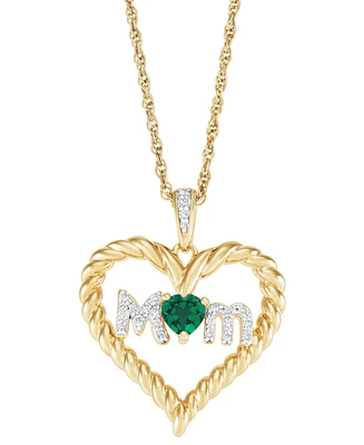Lab-Created Emerald (1/5 ct. t.w.) & Diamond Accent Mom Heart Pendant Necklace in 14k Gold-Plated Sterling Silver, 16" + 2" extender