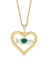 Lab-Created Emerald (1/5 ct. t.w.) & Diamond Accent Mom Heart Pendant Necklace in 14k Gold-Plated Sterling Silver, 16" + 2" extender