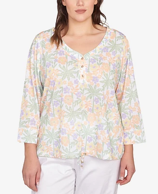 Hearts Of Palm Plus Three Quarter Sleeve Drawstring Top