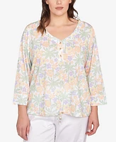 Hearts Of Palm Plus Three Quarter Sleeve Drawstring Top