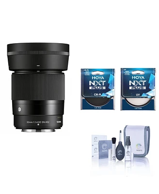 Sigma 30mm f/1.4 Dc Dn Contemporary Lens for Fujifilm X, Bundle with Hoya Nxt Plus 52mm Uv+Cpl Filter Kit, Cleaning Kit