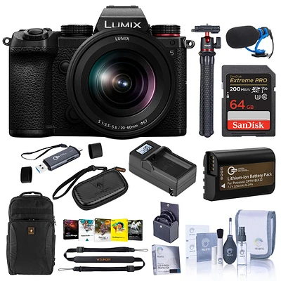 Panasonic Lumix Dc-S5 Mirrorless Camera, Black, with Lumix S 20-60mm f/3.5-5.6 Lens, Bundle with Backpack, 64GB Memory Card, Tripod, Dmw-BLK22 Battery