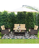 4PCS Patio Rattan Furniture Set Loveseat Sofa Coffee Table Garden W/ Cushion