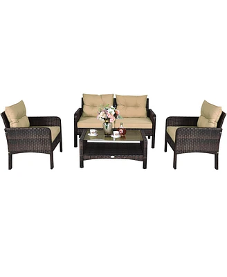 4PCS Patio Rattan Furniture Set Loveseat Sofa Coffee Table Garden W/ Cushion