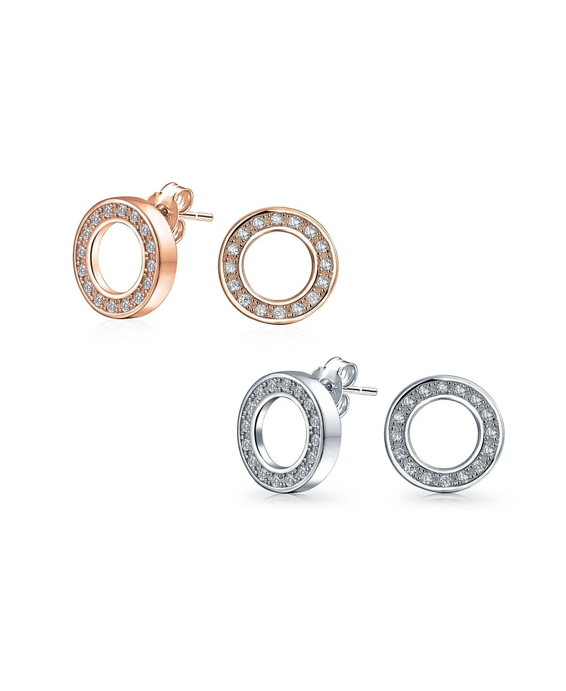 Bling Jewelry Set of 2 Open Circle Disc Pave Cz Stud Earrings Rose Gold Plated Sterling Silver