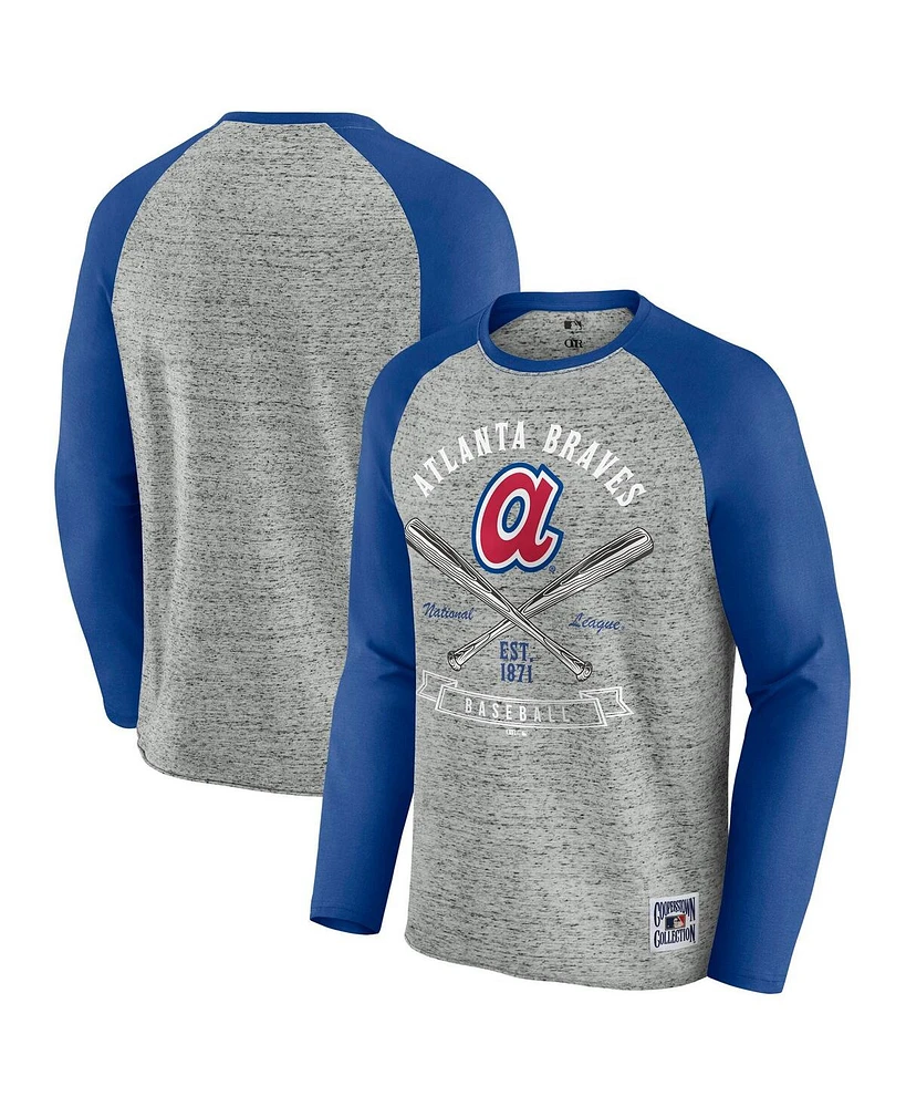 Fanatics Men's Heather Gray Atlanta Braves Raw Edge Raglan Long Sleeve Baseball T-Shirt