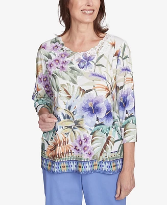 Alfred Dunner Petite Santa Fe Tropical Floral Border Top