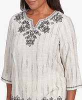 Alfred Dunner Petite Natural Instinct Textured Medallion Embroidered Top